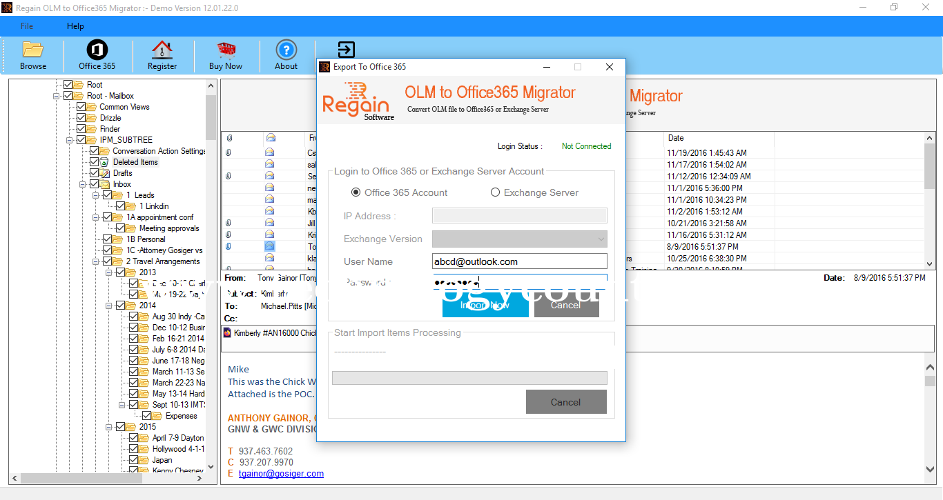 Regain OLM to Office 365 Migrator Screenshots